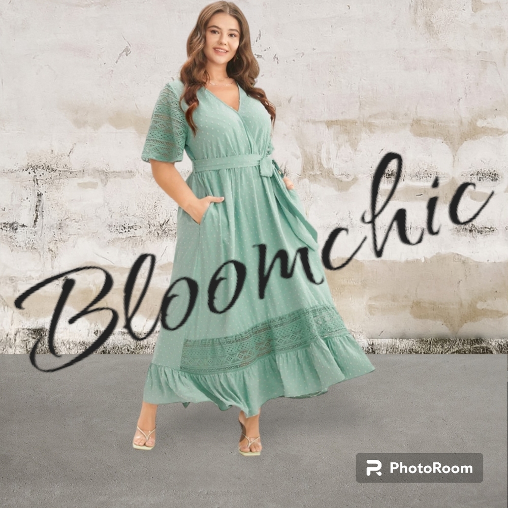 🛑Solid Wrap Pocket Belted Contrast Lace Ruffle Trim Maxi Dress 14/16